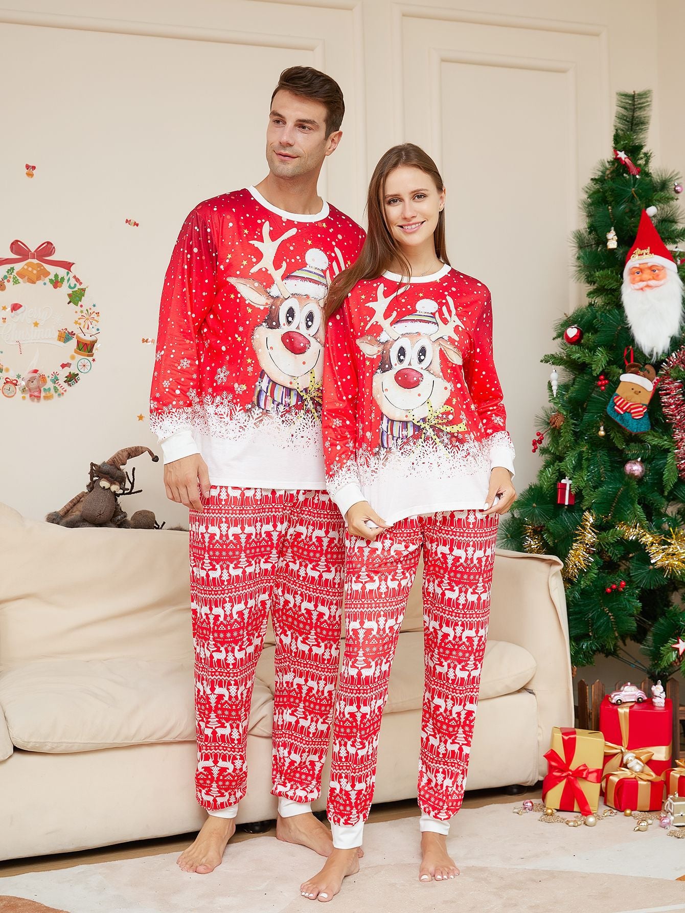 Family Christmas Cartoon Reindeer Print Parent-child Suit Pajamas