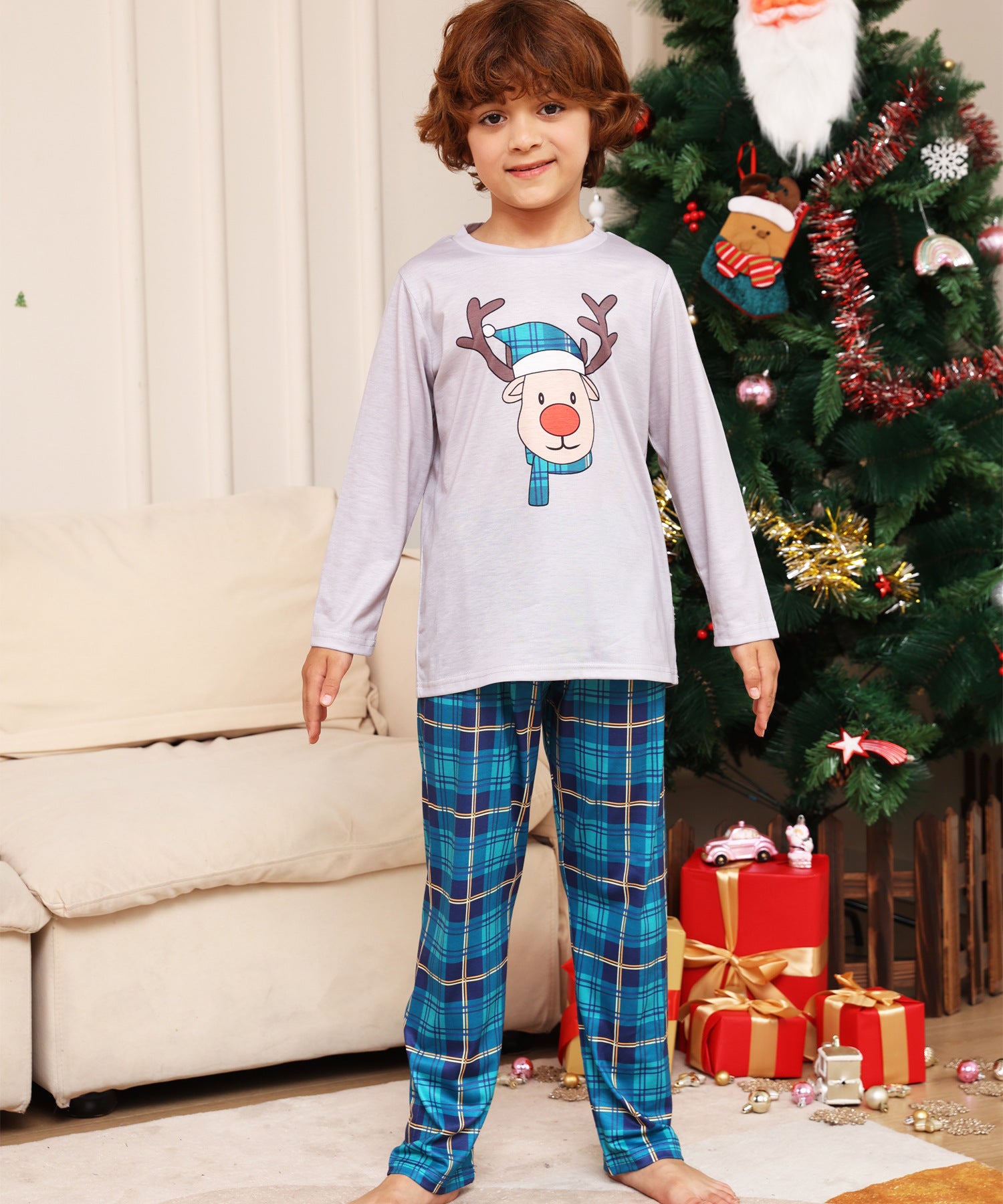 Family Plaid Cartoon Fawn Christmas Parent-child Pajamas