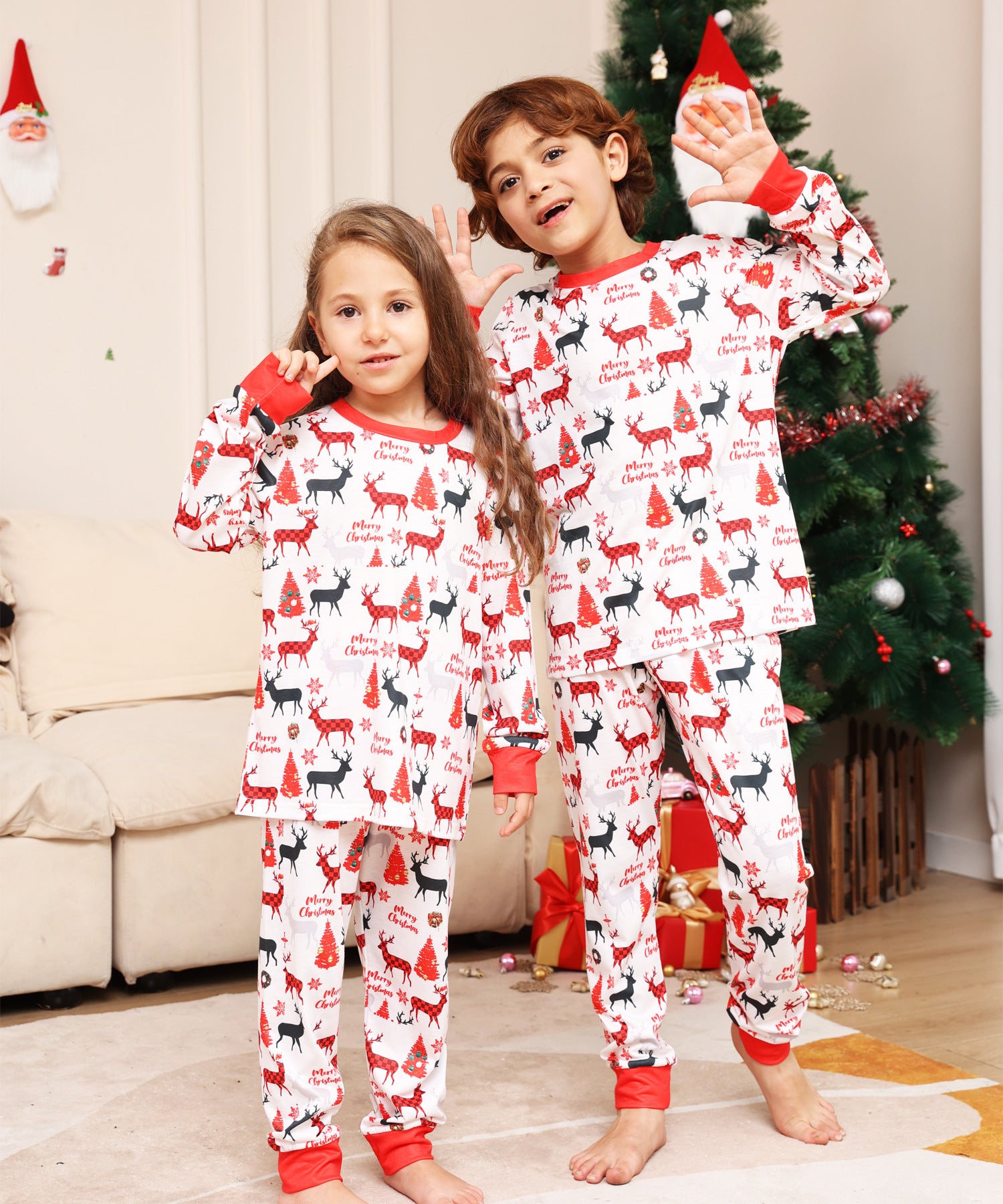 Family Alphabet Cartoon Fawn Christmas Printed Homewear Pajamas