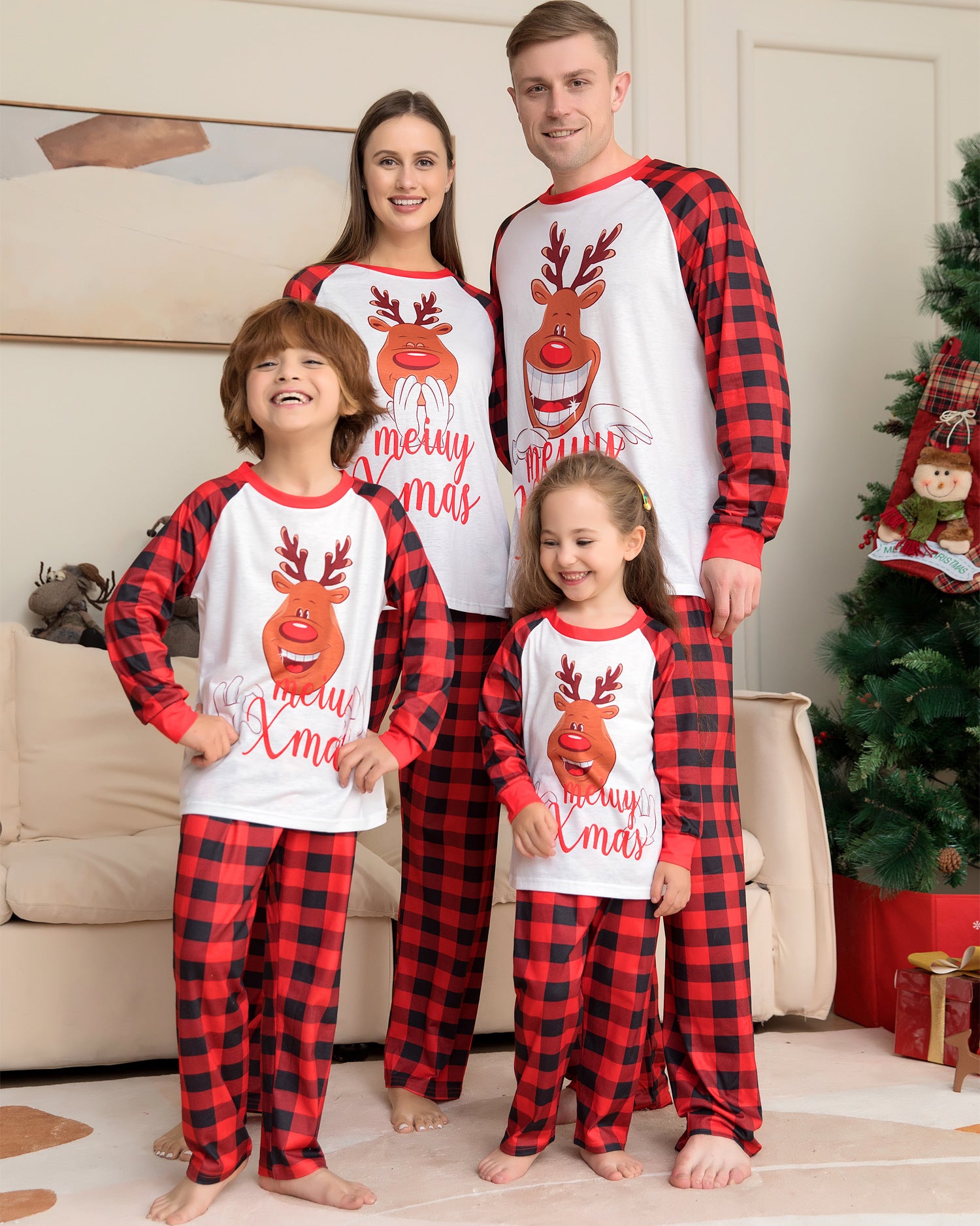 Family Deer Head Printed Home Checkered Pajamas