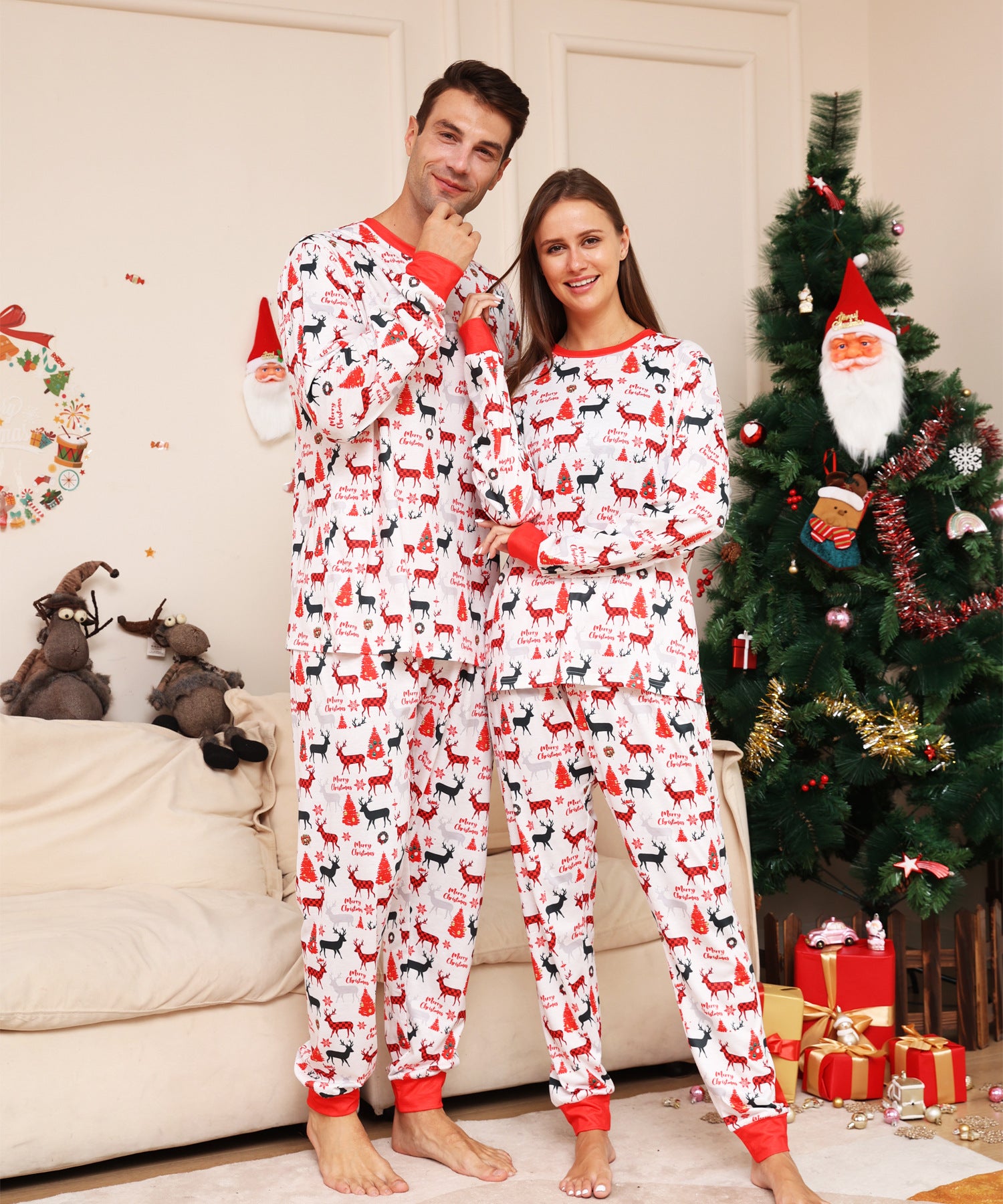 Family Alphabet Cartoon Fawn Christmas Printed Homewear Pajamas