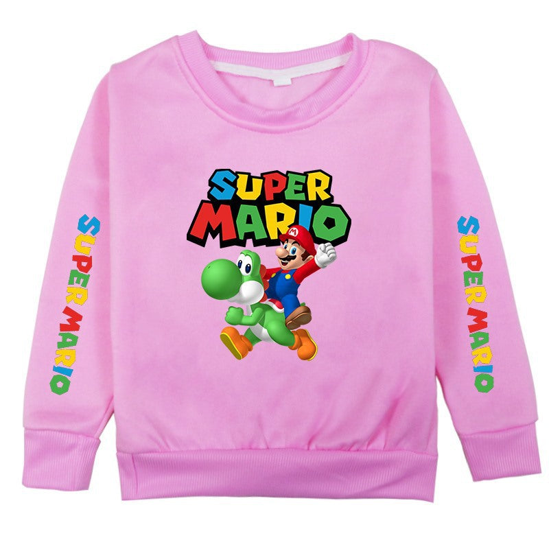 Kid Baby Boy Mario Printed Round Neck Plush Casual Sportswear Hoodie
