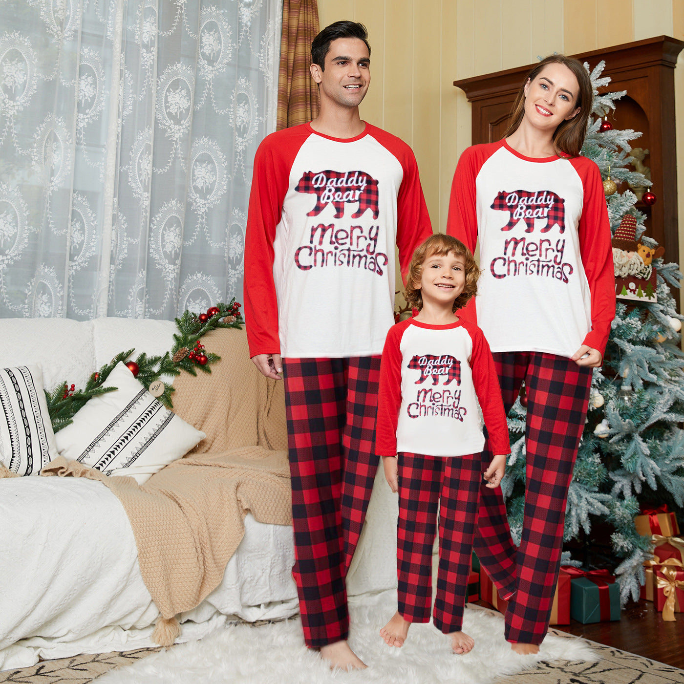 Family Teddy Bear Plaid Print Christmas Suit Pajamas Homewear