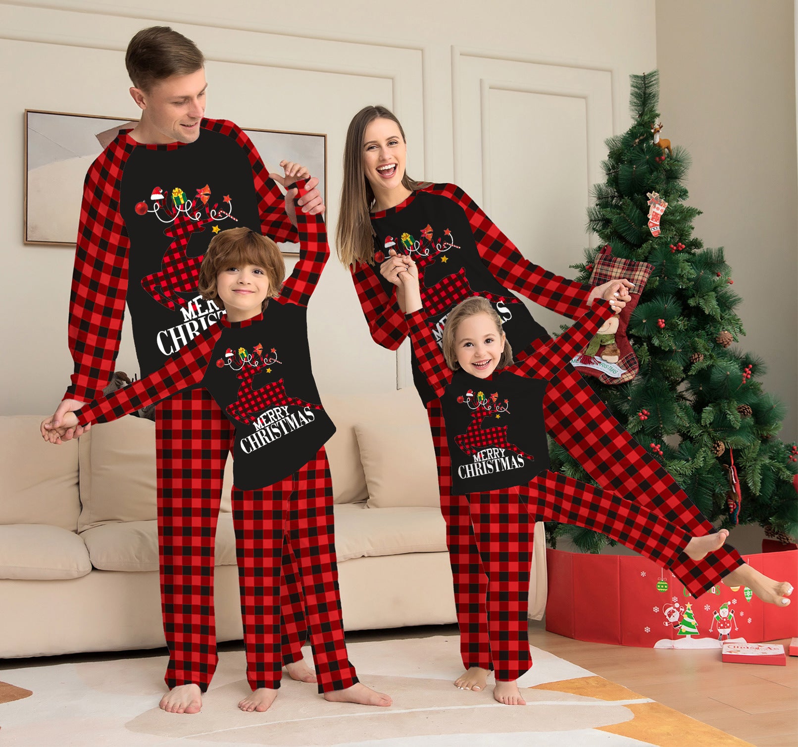 Family Letter Checker Print Christmas Parent Child Pajamas