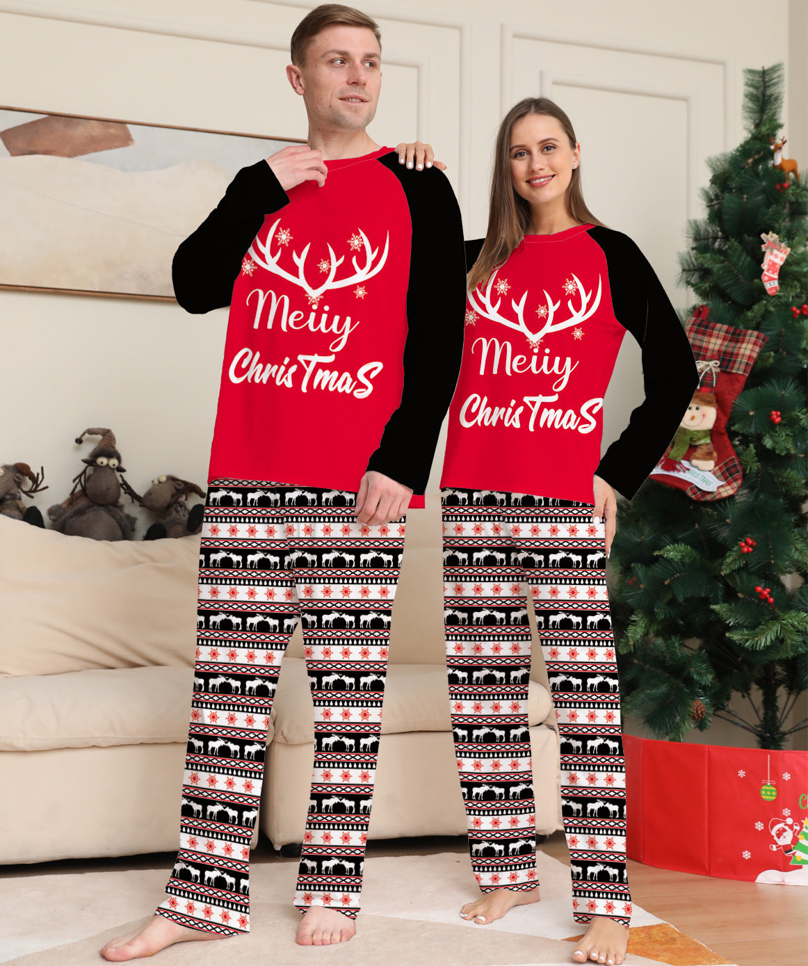 Family Striped Letters Christmas Parent-child Printed Pajamas Set