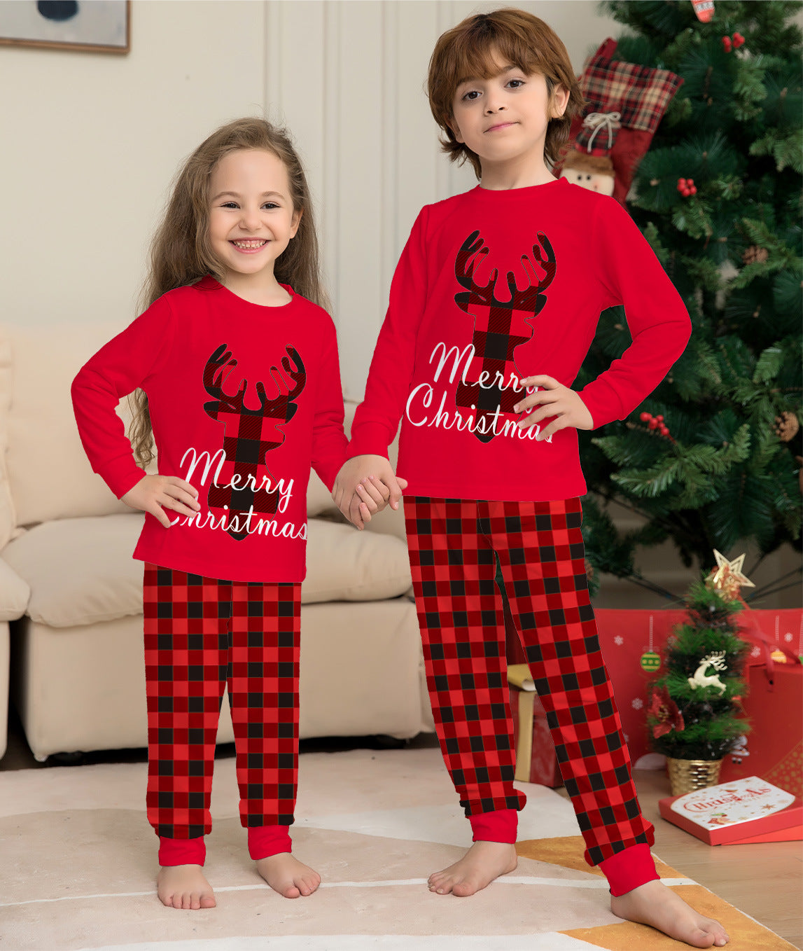 Family Matching Alphabet Checkered Deer Christmas Parent-child Pajamas