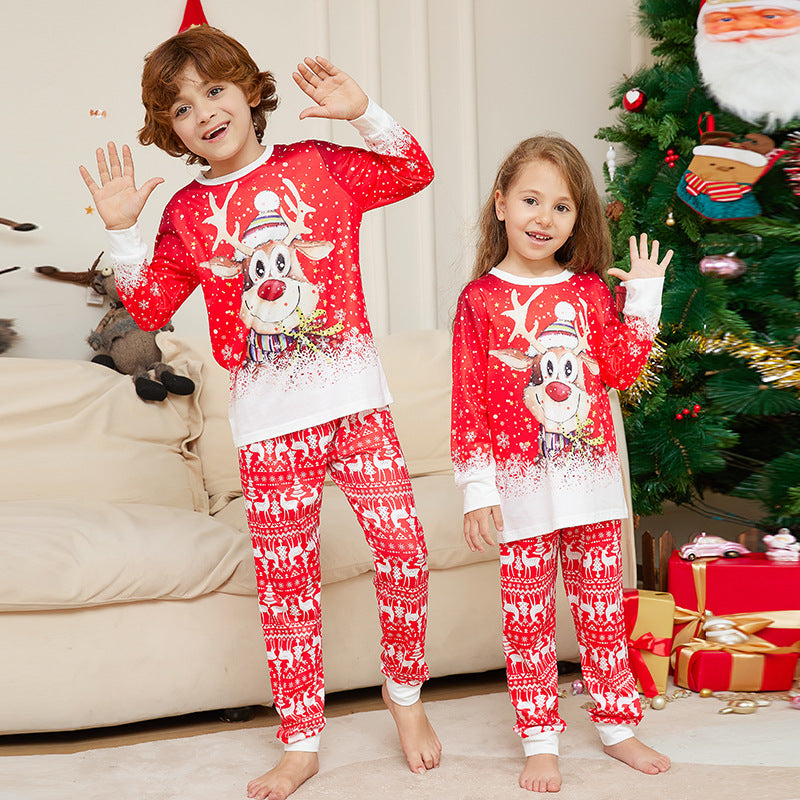 Family Christmas Cartoon Reindeer Print Parent-child Suit Pajamas