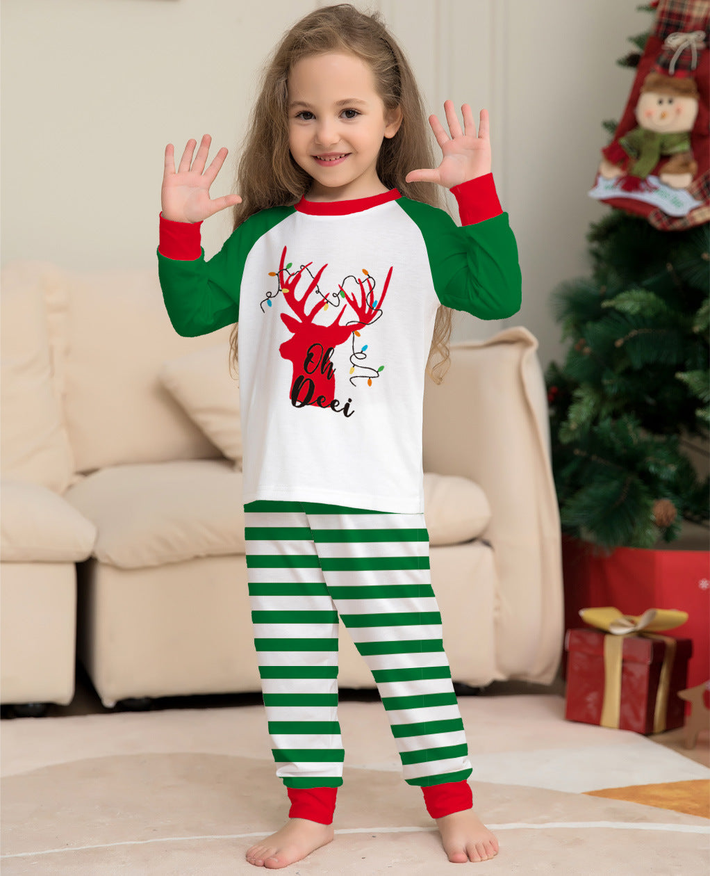 Family Striped Elk Alphabet Christmas Print Loungewear Pajamas