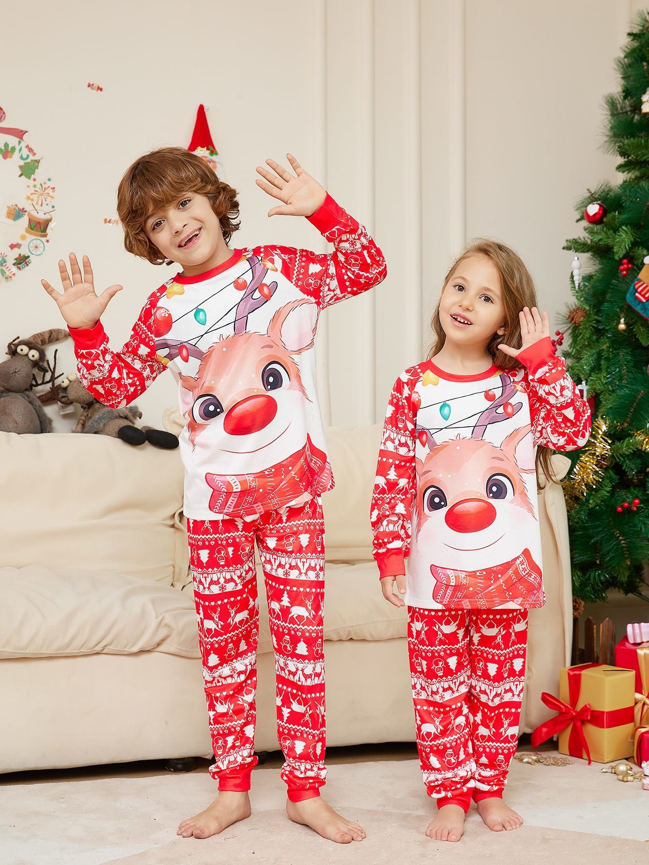 Family Christmas Parent-child Deer Printed Round Neck Long-sleeved Pajamas Set