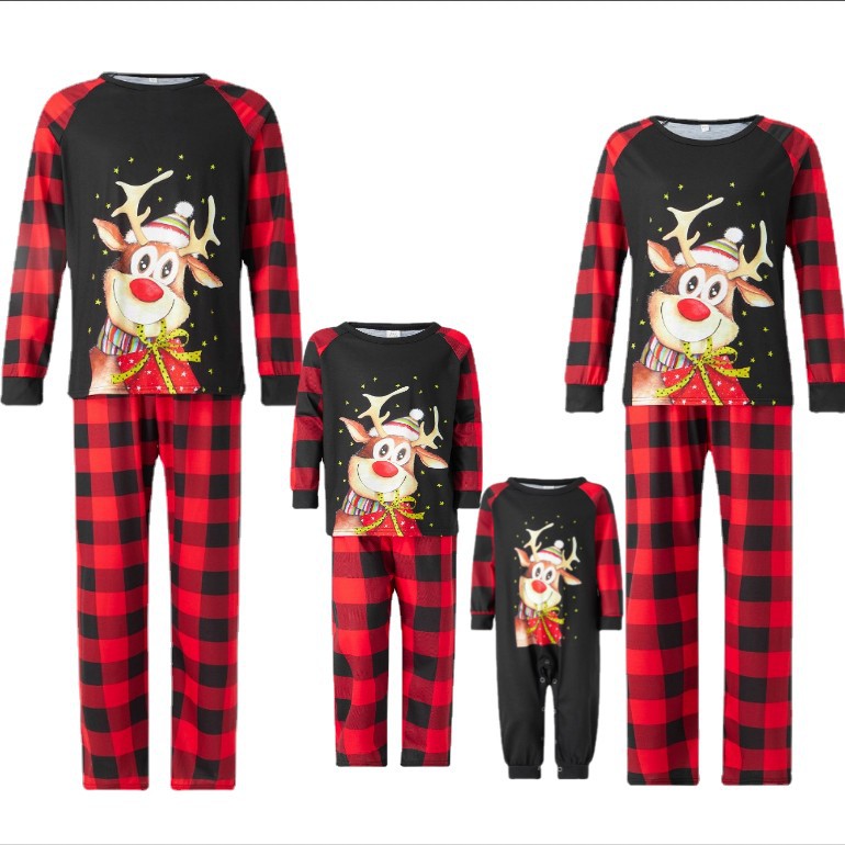 Family Fawn Cartoon Print Festive Plaid Christmas Parent-child Pajamas