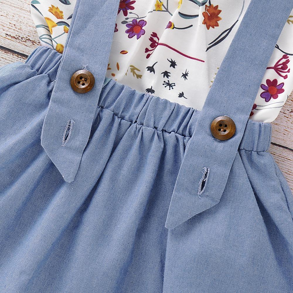 Kid Baby Girls Floral Tops Sling Denim Skirt 3pcs Set