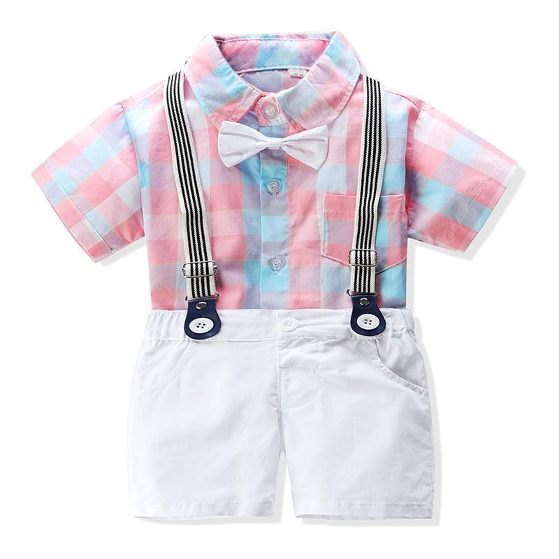 Toddler Kid Baby Boys Gentleman Outfit Plaid Bow Rompers + Overalls - honeylives
