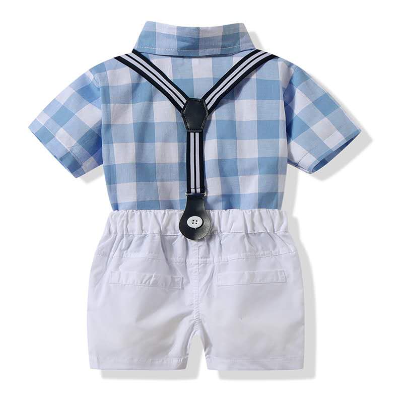 Toddler Kid Baby Boys Gentleman Outfit Plaid Bow Rompers + Overalls - honeylives