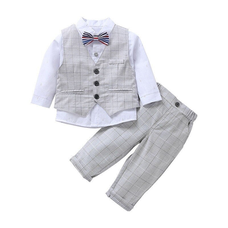 Kids Baby Boys Suit Set Spring Autumn Long-sleeve Plaid Gentleman 3 Pcs Set