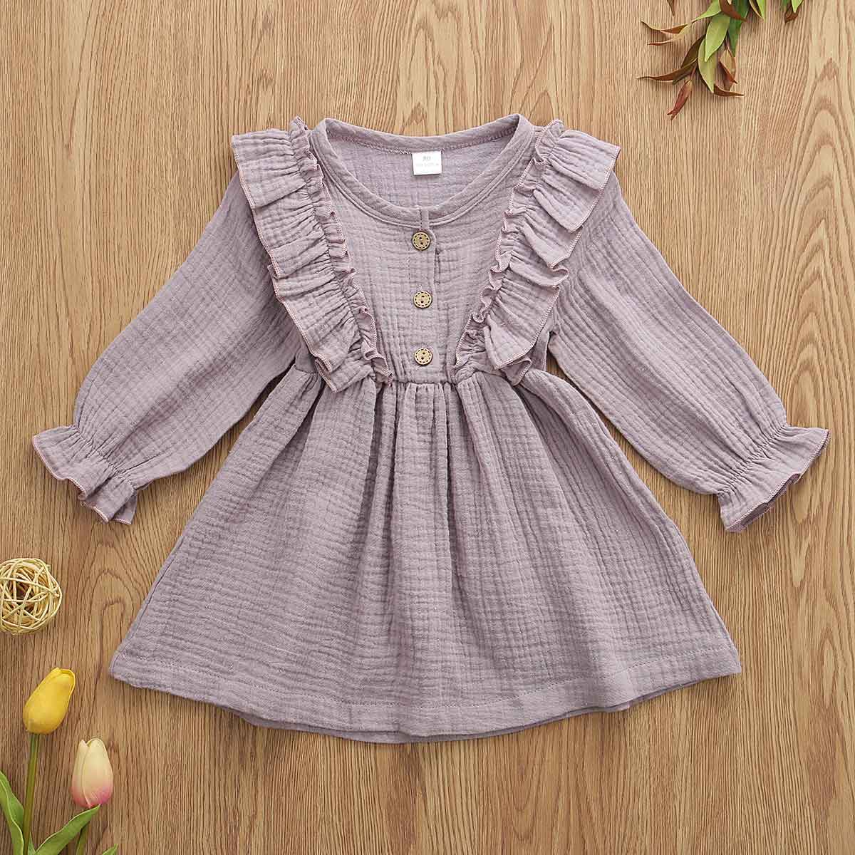 Kid Baby Girl Ruffles Solid  Linen Casual Dresses