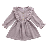 Kids Baby Girl Ruffles Long Sleeve Solid Linen Casual Dress