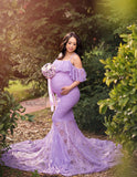 Maternity Ruffles Lace Photo Shoot Shoulderless Fancy Pregnancy Dress