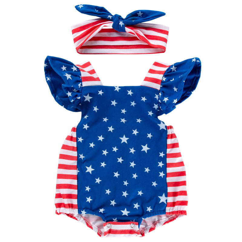 Baby Girl American Independence Day Star Flying Sleeve Romper
