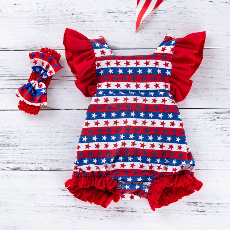 Baby Girl American Independence Day Star Flying Sleeve Romper