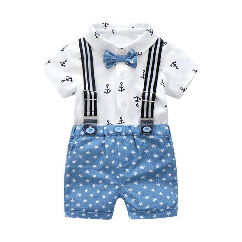 Baby Boy Fashion Gentleman Bow White Printed Shorts Sets