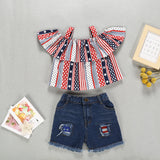 Kid Baby Girl Independence Day Off Shoulder Ruffle Striped Outfits Set
