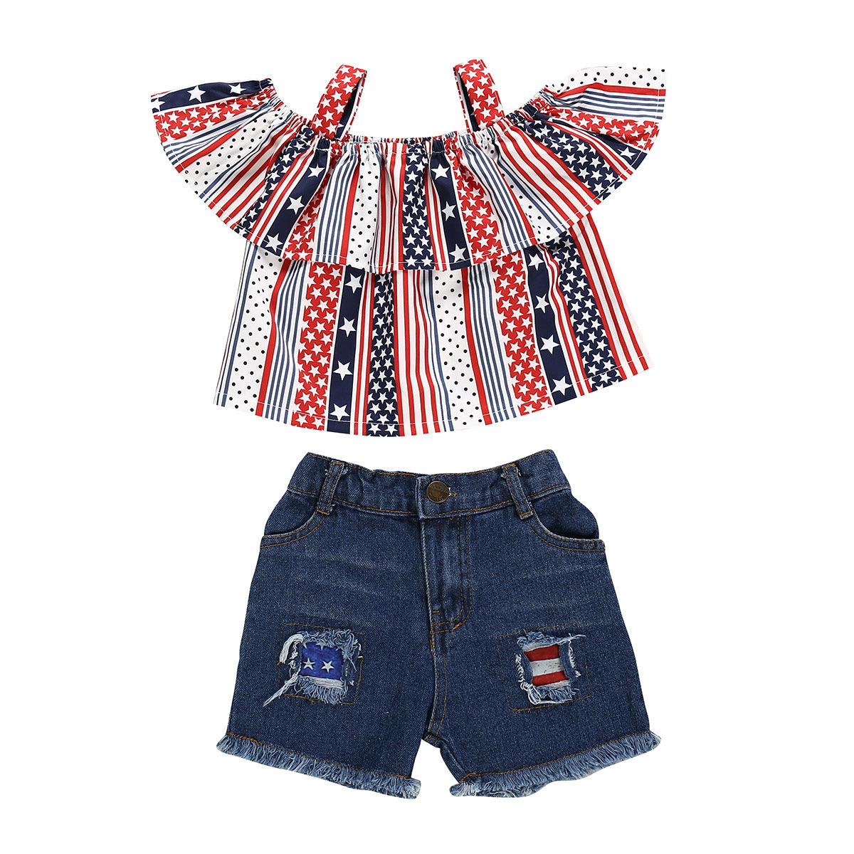 Kid Baby Girl Independence Day Off Shoulder Ruffle Striped Outfits Set