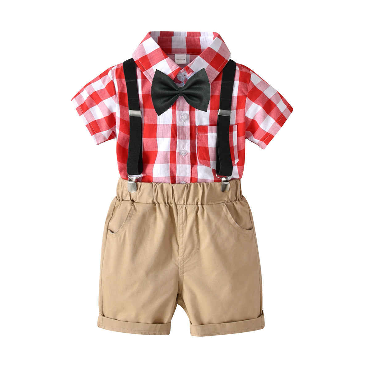 Baby Boy Gentleman Bow Tie Red Plaid Overall Shorts 3Pcs Set