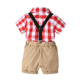 Baby Boy Gentleman Bow Tie Red Plaid Overall Shorts 3Pcs Set