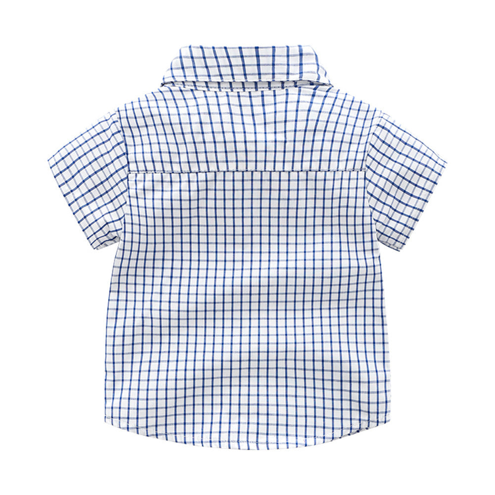Boy Baby Short-sleeved Shirt Blue Plaid Fashion Strap Shorts Sets