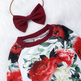 Baby Girls Flower Print Top Pleated Bow Headwear Set 3 Pcs Suit
