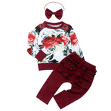 Baby Girls Flower Print Top Pleated Bow Headwear Set 3 Pcs Suit