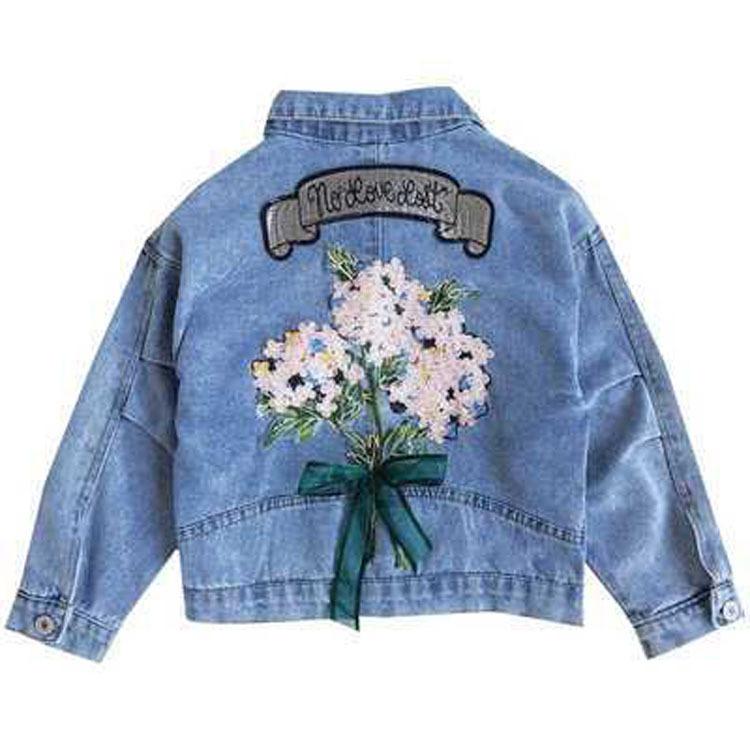 Kid Girl Denim Jacket Spring Cute Sweet Back Flower Print Coat Outwear