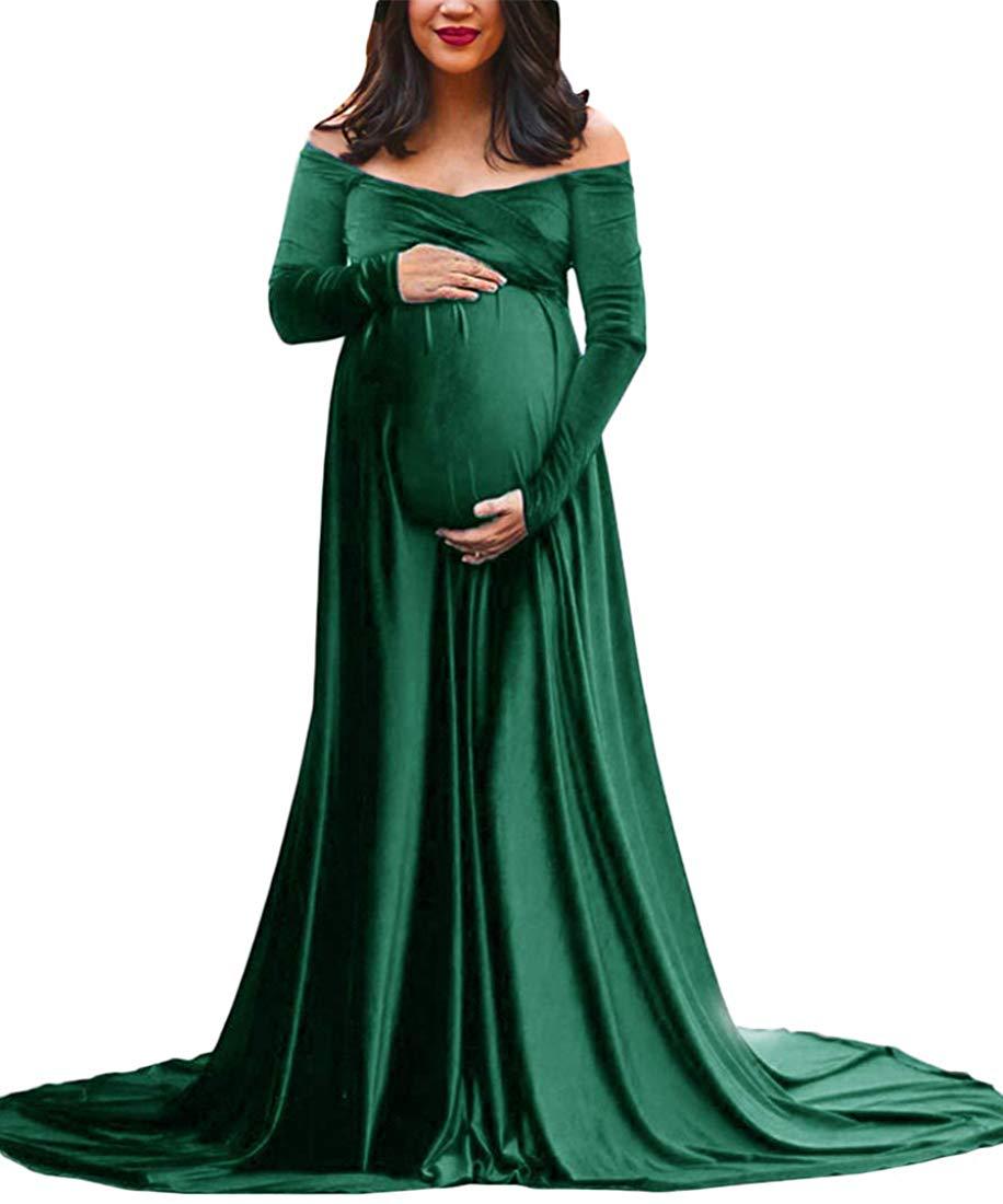 Maternity Long Sleeve Pregnant Velvet Maxi Gown Dress