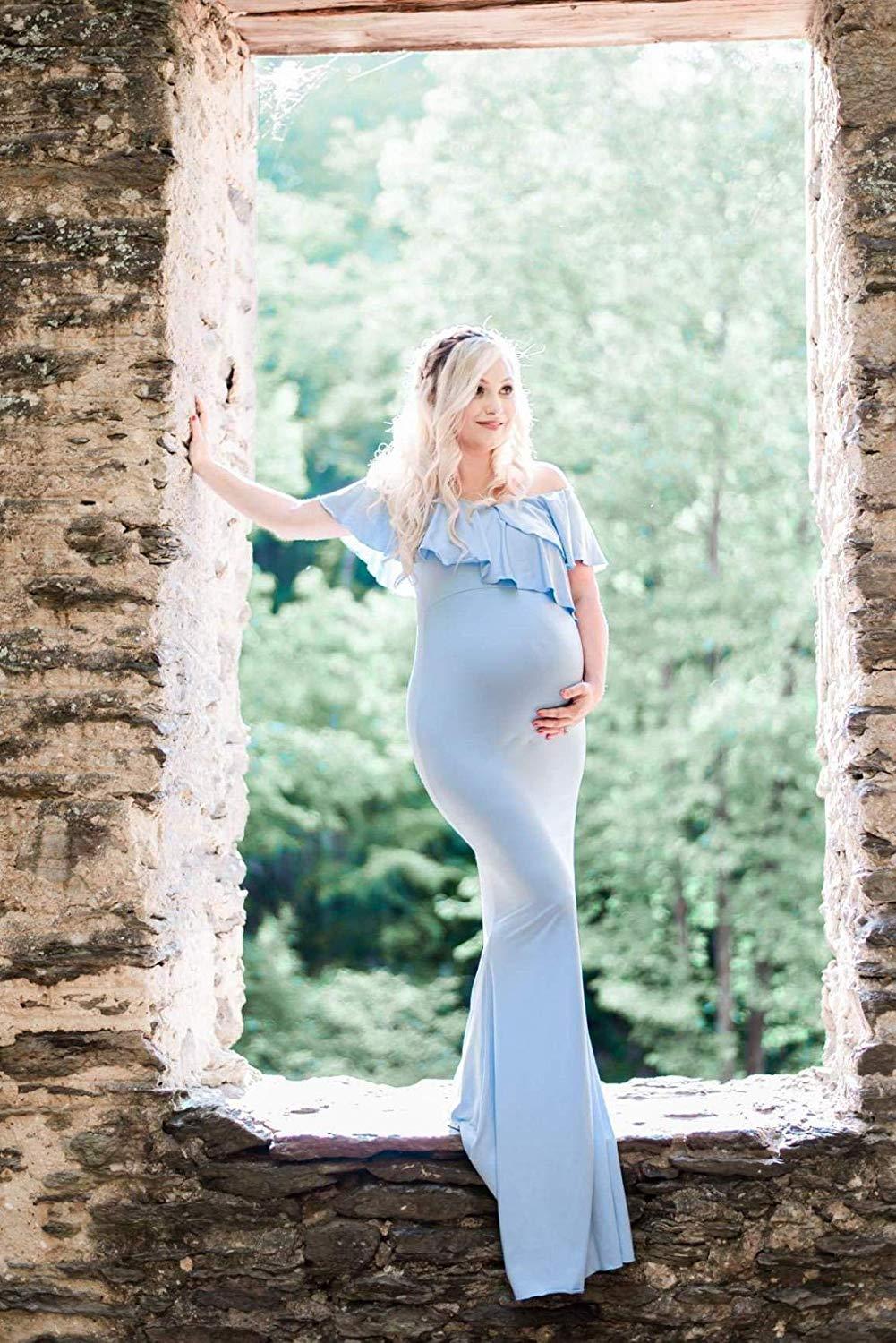 Maternity Pregnant Mermaid Long Maxi Off Shoulder Gown Ruffle Dress