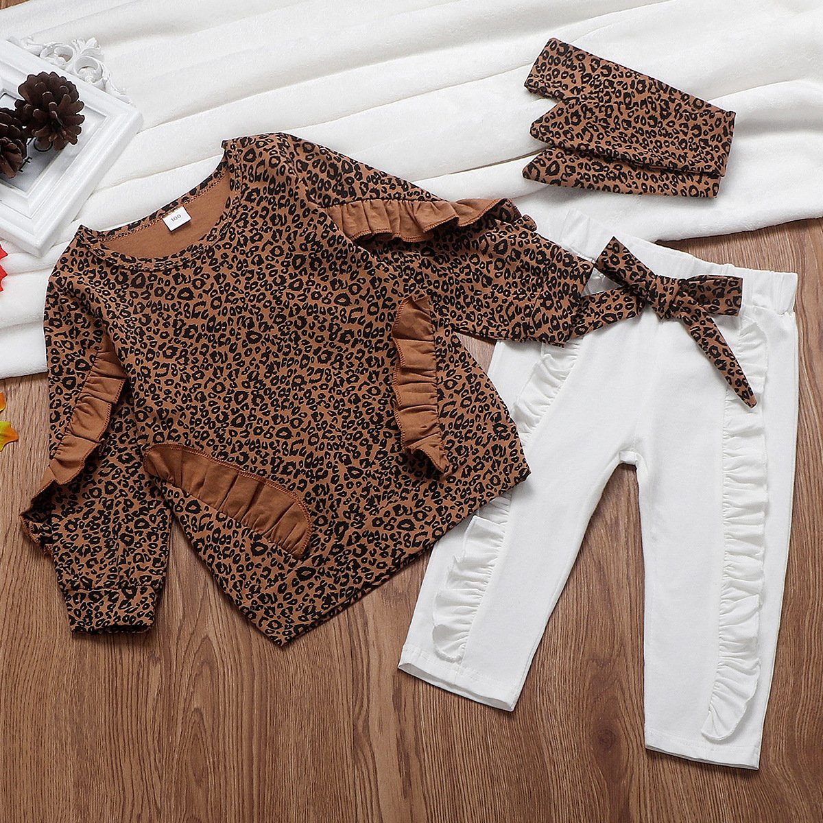 Kid Baby Girl Leopard Ruffle Tops+Bottoms+Headwear 3 Pcs Set