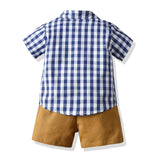 Baby Boys Plaid Short Sleeve Suspenders Shorts 2 Pcs Sets