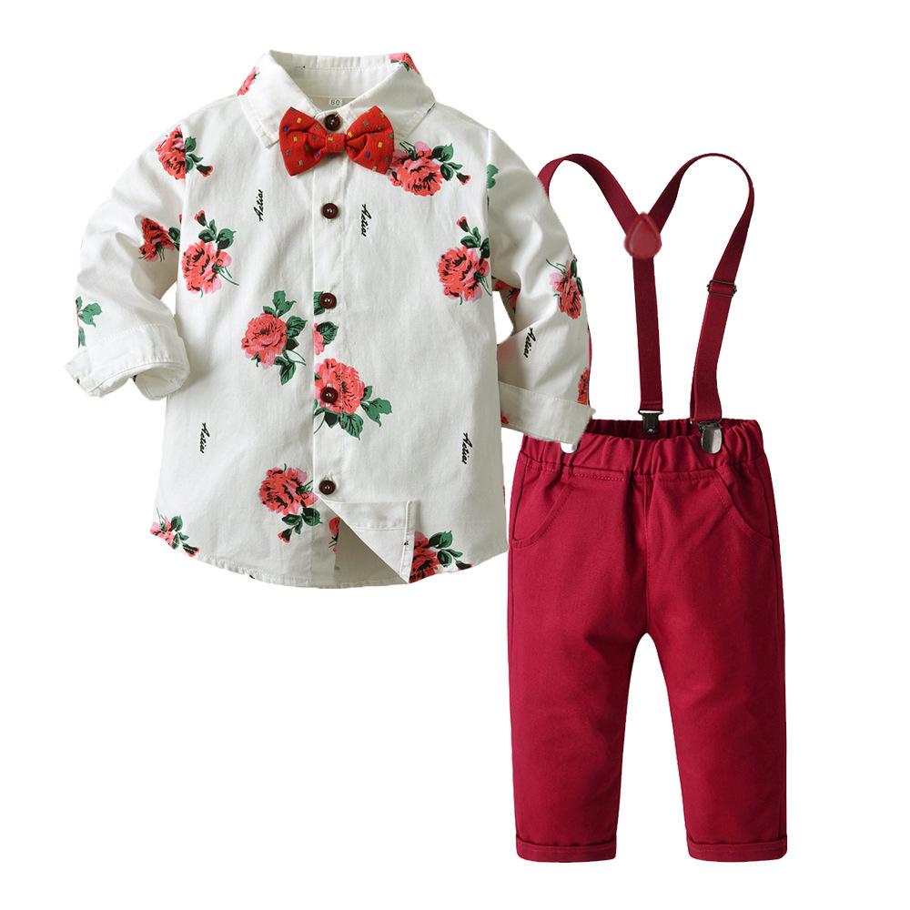 Kid Baby Boy Floral Long Sleeve Suspenders Set 2 Pcs suits