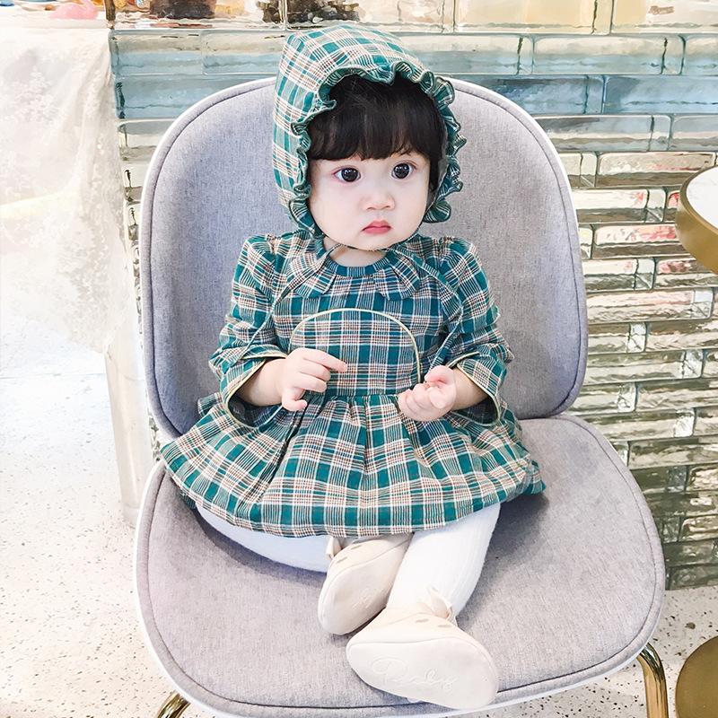 Baby Girl Lolita Dress Plaid Style Dress+Hat 2 Pcs