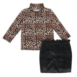 Kid Baby Girl Leopard Print Long Sleeve Top with  Leather Skirt Set 2 Pcs