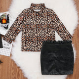 Kid Baby Girl Leopard Print Long Sleeve Top with  Leather Skirt Set 2 Pcs