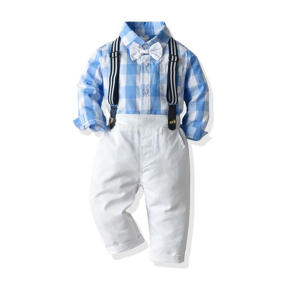 Kid Baby Boy Autumn Cotton Plaid Long Sleeves Set 2 Pcs Formal Suits