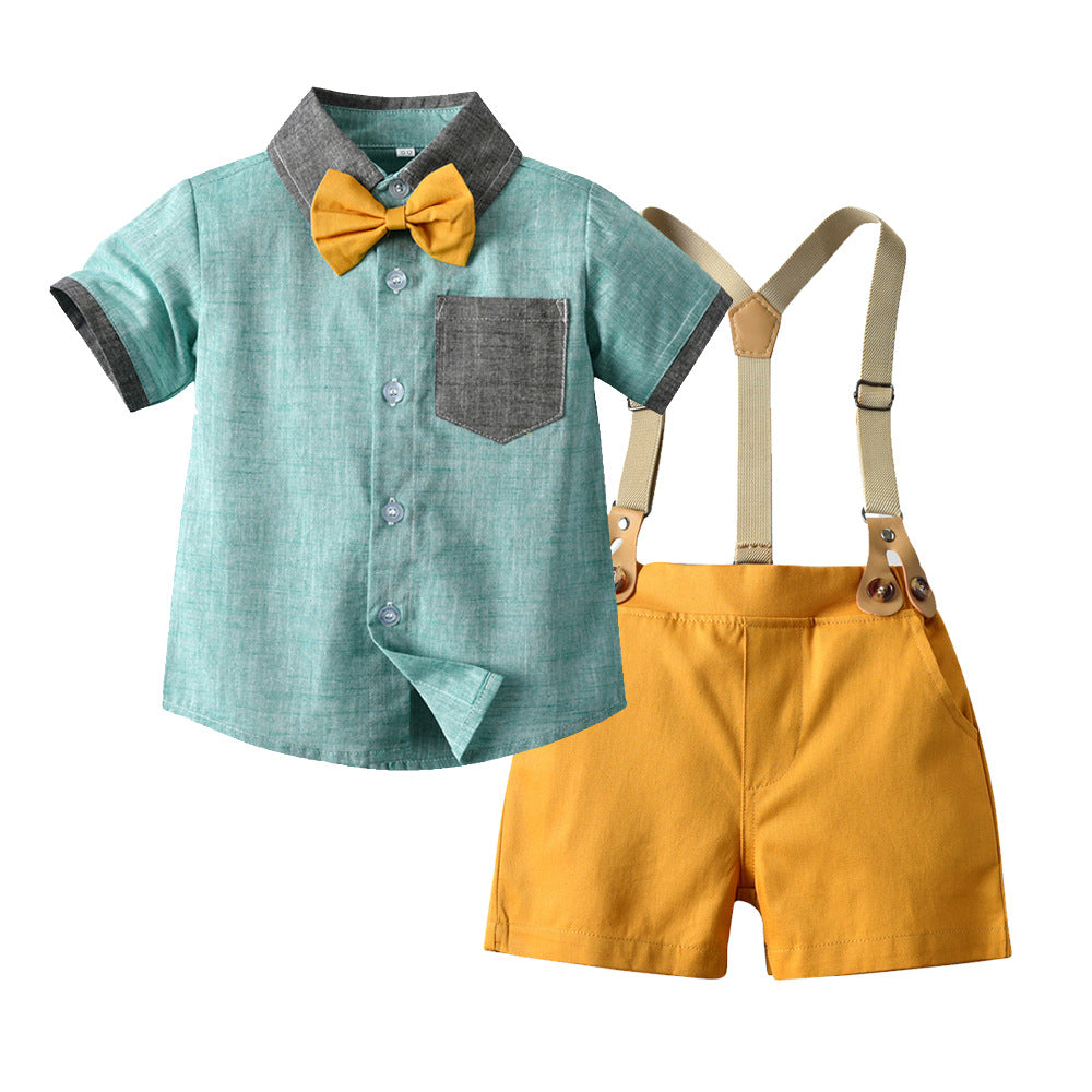 Kids Boys Fashion Lapel Stitching Short-sleeved Straps Sets 4 Pcs