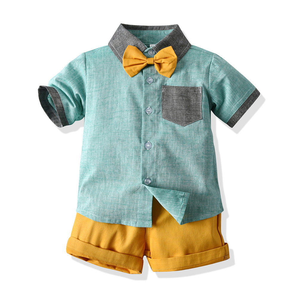 Kids Boys Fashion Lapel Stitching Short-sleeved Straps Sets 4 Pcs