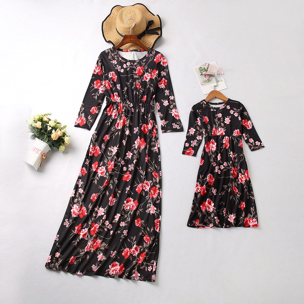 Family Matching Mother Daughter Long Skirt With Long-sleeved Print Dress