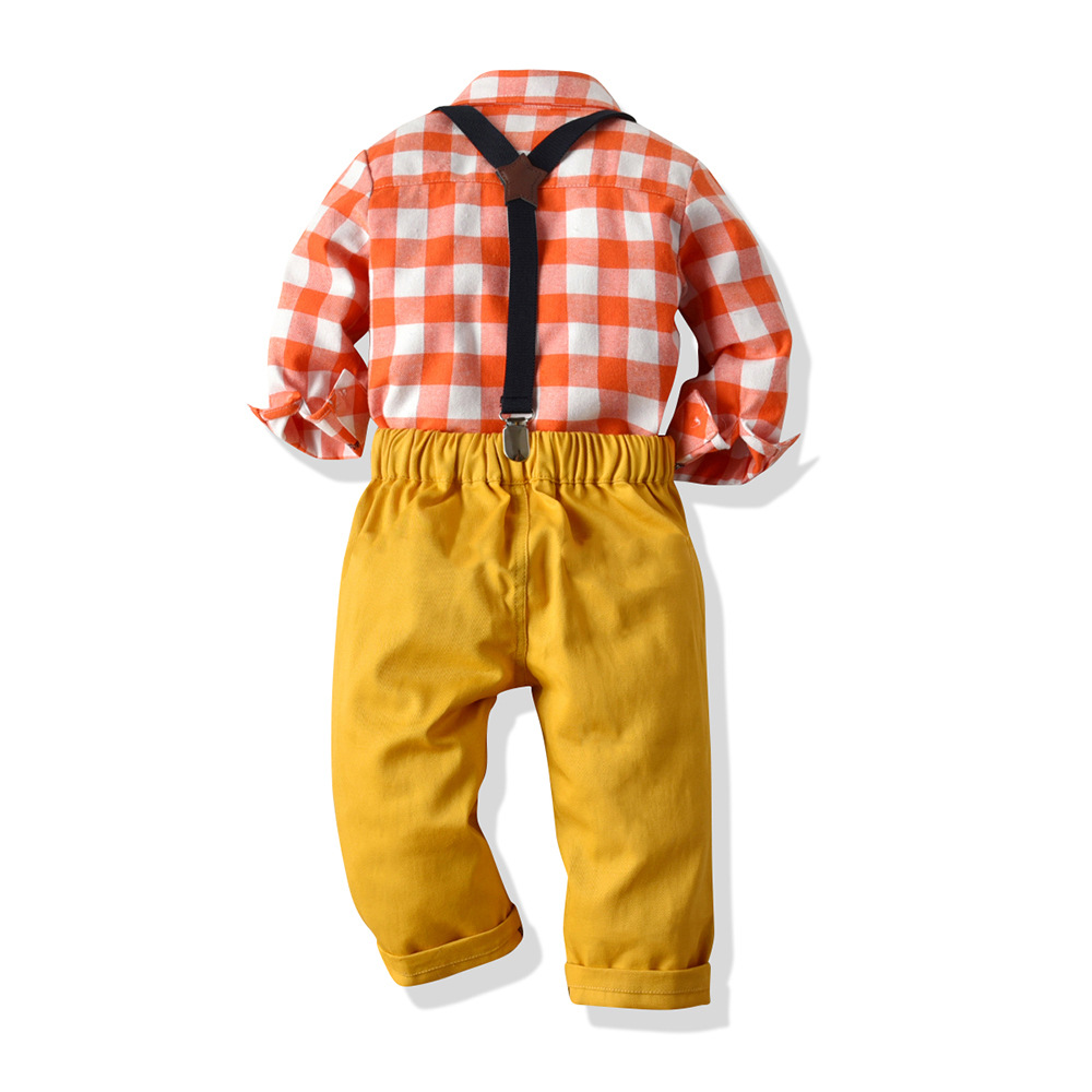 Kid Baby Boy Autumn Cotton Plaid Long Sleeves Set 2 Pcs Formal Suits