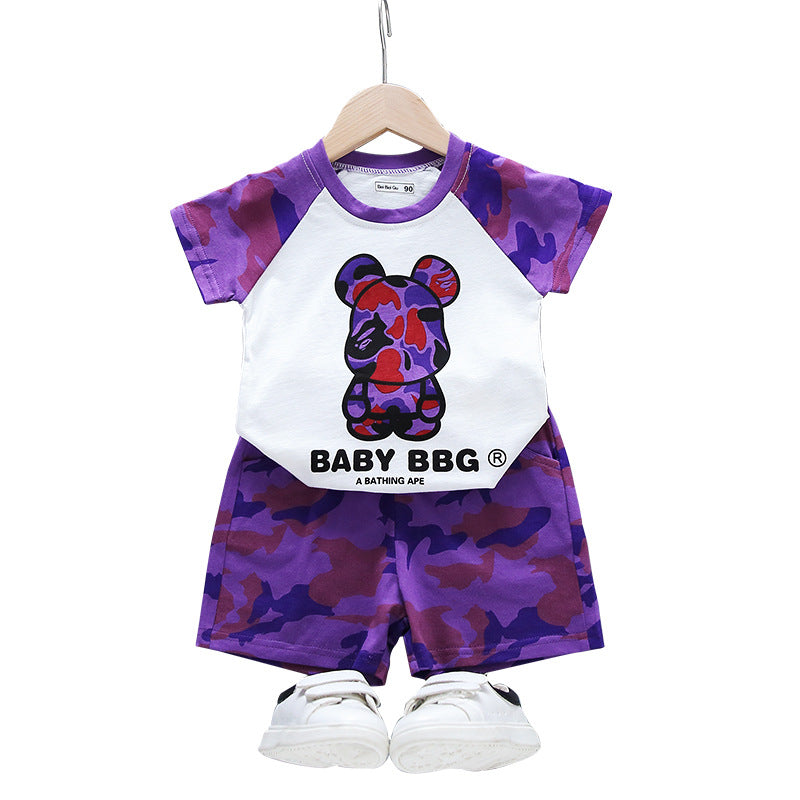Kid Baby Girl Boy Short Sleeves Cotton Camouflage Set 2 Pcs