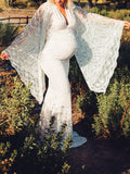 Maternity Lace Mermaid Pregnancy V-neck Flare Sleeve Elegant Maxi Dress