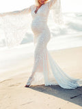 Maternity Lace Mermaid Pregnancy V-neck Flare Sleeve Elegant Maxi Dress