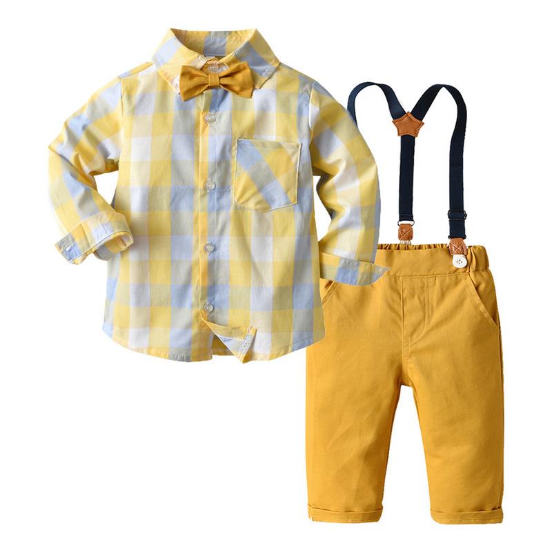 Kid Baby Boy Autumn Plaid Long-sleeved  Gentleman Sets 2 Pcs