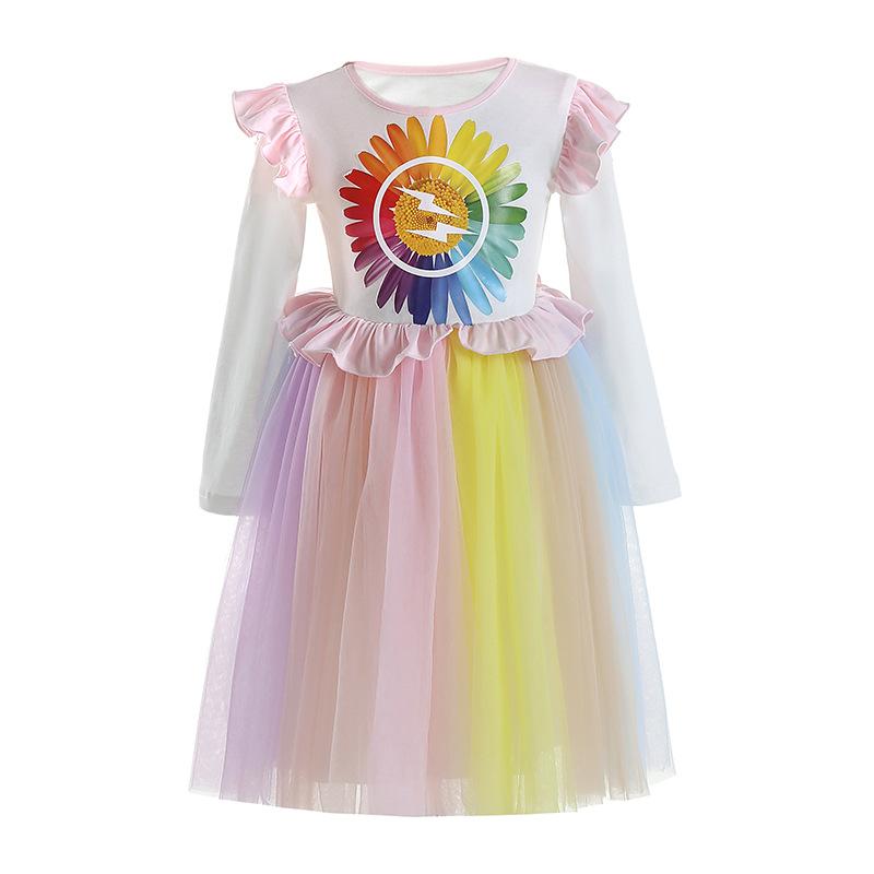 Kid Girl Super Rainbow Long Sleeve Flower Princess Dress